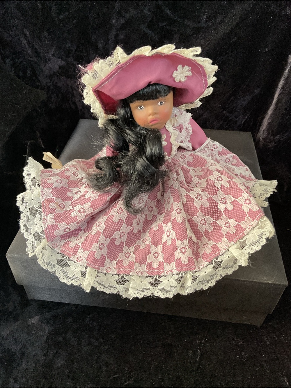 Victorian-Style Porcelain Doll in Dusty Rose Lace Dress - Picture 2 of 8